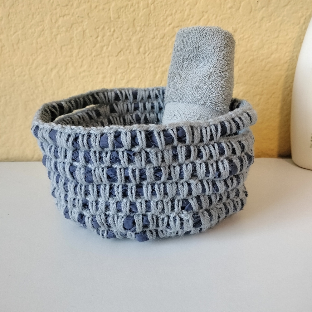 Crochet Basket, Rag rug basket, Handmade Upcycled, storage bathroom organization